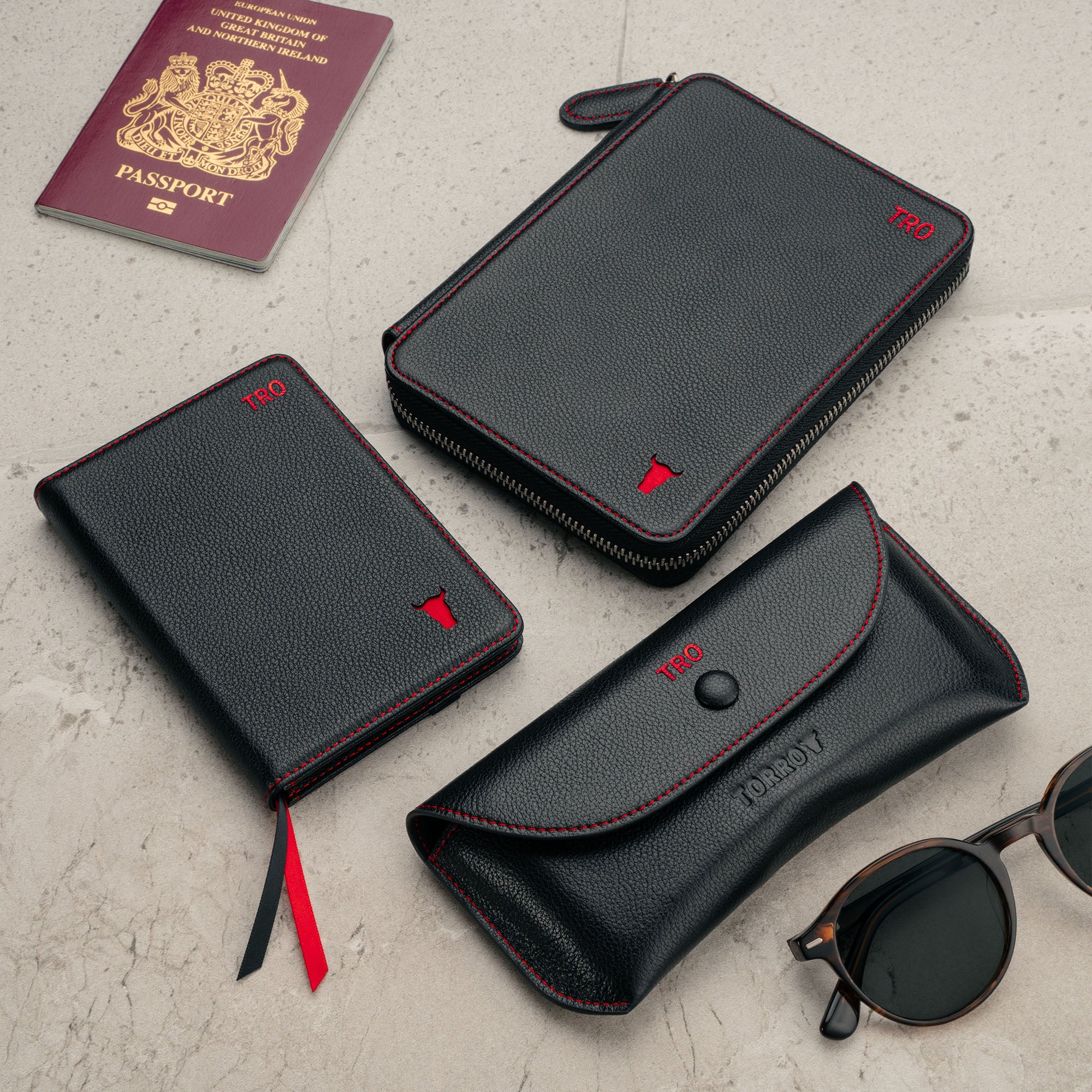 Luxury Travel Bundle Travel Wallet Passport Holder Sunglasses Case Black with Red Detail Black with Red Detail Black with Red Detail