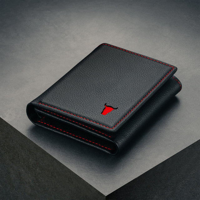Black with Red Stitching Trifold Leather Wallet