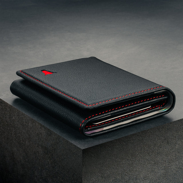 Slimline profile of the Black with Red Stitching Trifold Leather Wallet