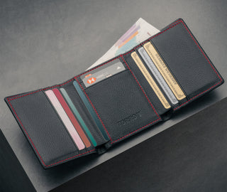 Card slots inside the Black with Red Stitching Trifold Leather Wallet