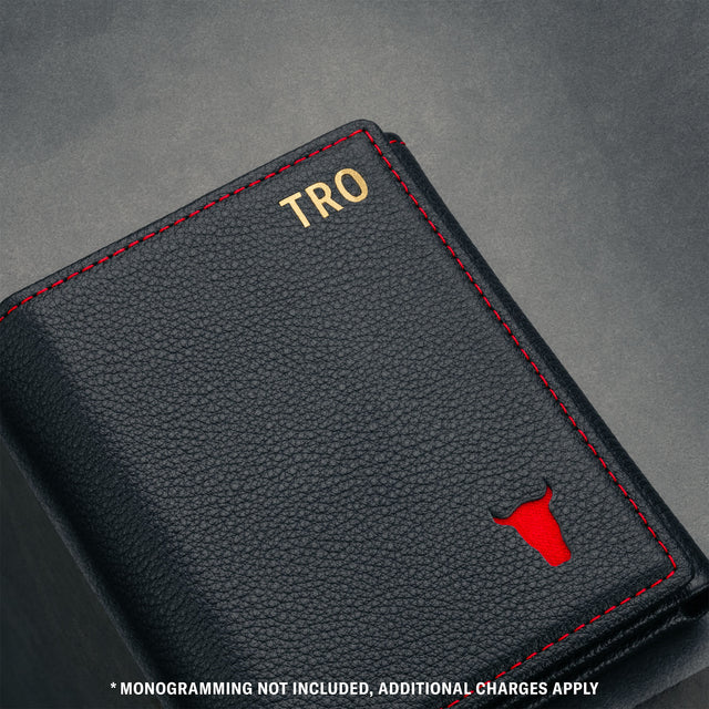 Monogrammed Black with Red Stitching Trifold Leather Wallet