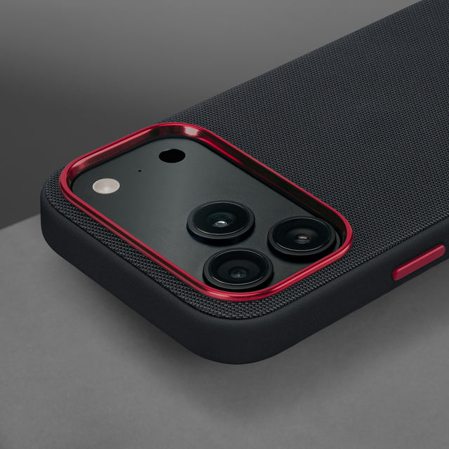 Metallic camera lip on the Black with Red Detail Woven Fabric Bumper Case for iPhone 17 Pro Max
