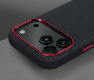 Metallic camera lip on the Black with Red Detail Woven Fabric Bumper Case for iPhone 17 Pro Max
