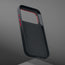 Metallic buttons and inside of the Black with Red Detail Woven Fabric Bumper Case for iPhone 17 Pro Max
