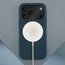 Wireless charger attached to the Blue Woven Texture Bumper Case for iPhone 17 Pro