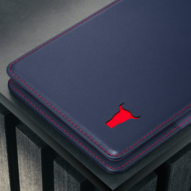 Front of the Navy Blue with Red Stitching Golf Scorecard Holder and Yardage Book Cover