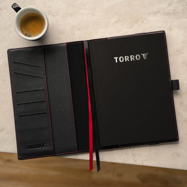 Black Leather (with Red Stitching) A4 Notebook Cover with refill notepad