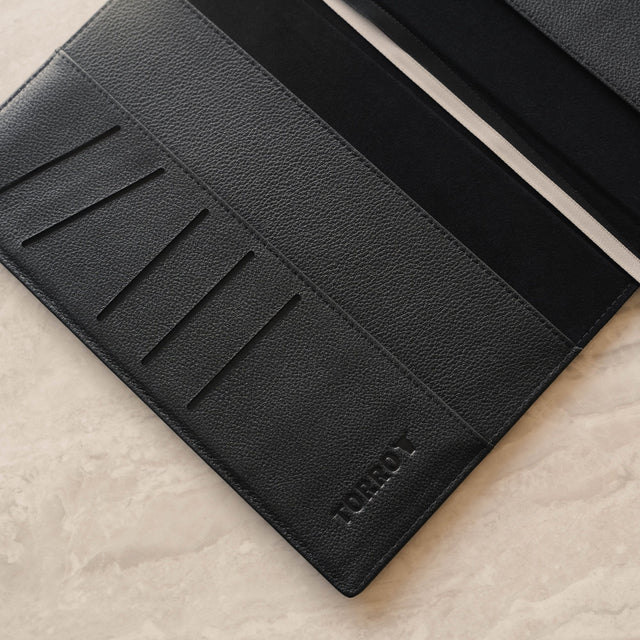 Close up of the 5 card slots on the inside cover of the Black Leather A4 Notebook Cover