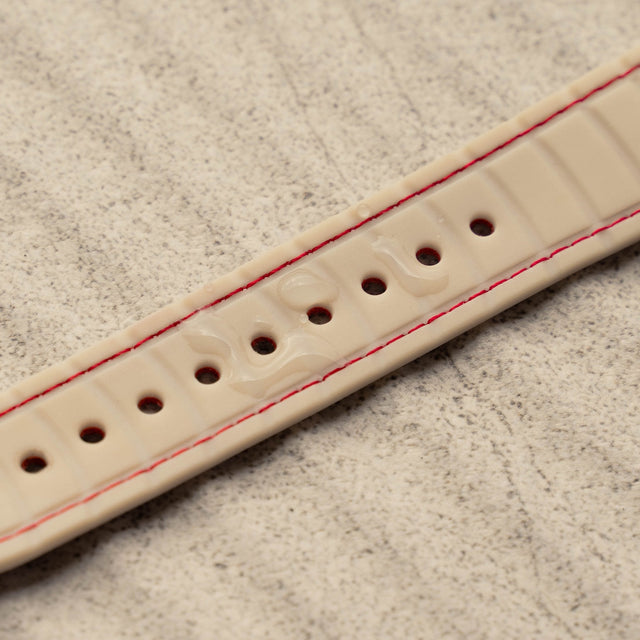 Close up of the silicone inner strap on the Red Leather Strap for Apple Watch