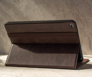 Demonstrating the integrated stand function of the Dark Brown Leather Stand Case for iPad 10.2" 7th, 8th & 9th Generation