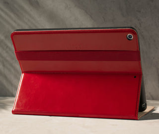 Demonstrating the integrated Stand function of the Red Leather Stand Case for iPad 10.2" 7th, 8th & 9th Generation