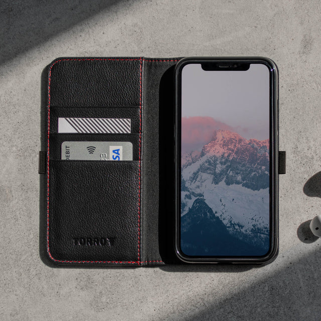 Interior view of the Black Leather (with Red Stitching) Stand Case for iPhone 11 Pro