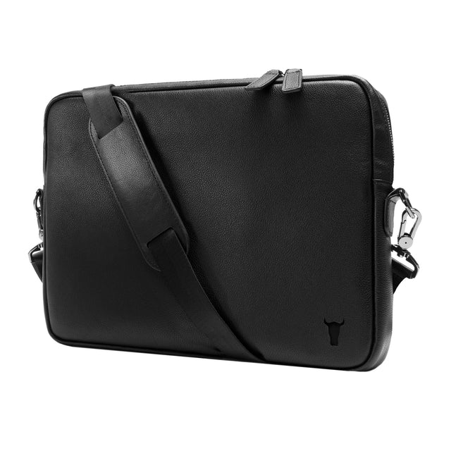 Black Leather Messenger Bag suitable for Laptop / iPad / Tablet