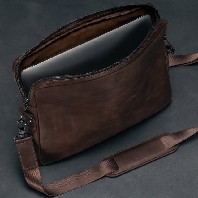 Inner pocket of the Dark Brown Leather Messenger Bag