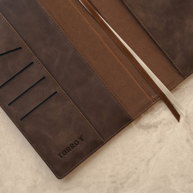 Close up of the inside cover of the Dark Brown Leather A5 Notebook Cover with card slots