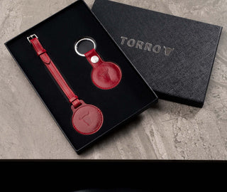 Red Leather AirTag Holder Keyring and Bag Loop Gift Set
