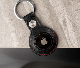 Black with Red Detail Leather Apple AirTag Holder Keyring