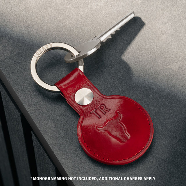 Red Leather Apple AirTag Holder Keyring attached to keyring