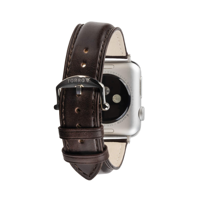 Dark Brown Leather Watch Strap with Stainless Steel Buckle for Apple Watch