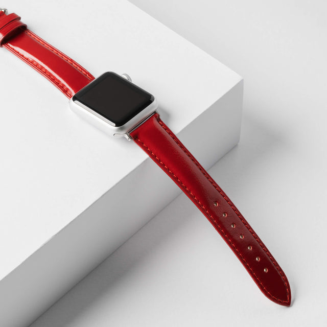 Red Leather Apple Watch Strap with 7 Pin Holes for Adjustable Fit