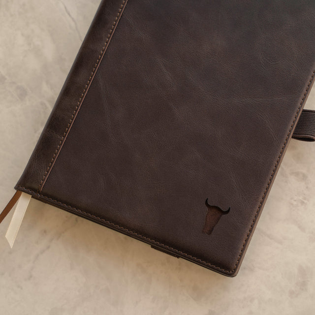 Close up of the front of the Dark Brown Leather A4 Notebook Cover