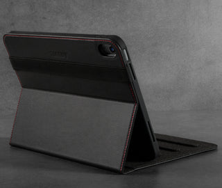 Integrated stand function of the Black with Red Stitching Leather iPad Case for Apple iPad (10th Gen)