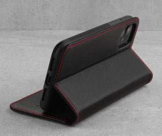 Stand function on the Black Leather (with Red Stitching) Stand Case for iPhone 11