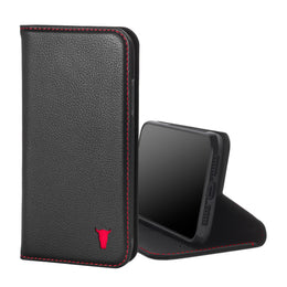 Black Leather (with Red Stitching) Stand Case for iPhone 11