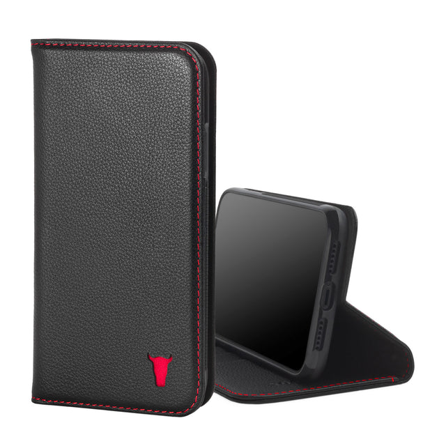 Black Leather (with Red Stitching) Stand Case for iPhone 11