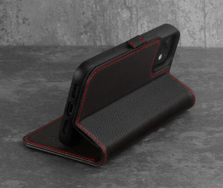 Stand function of the Black Leather (with Red Stitching) Stand Case for iPhone 12 Mini