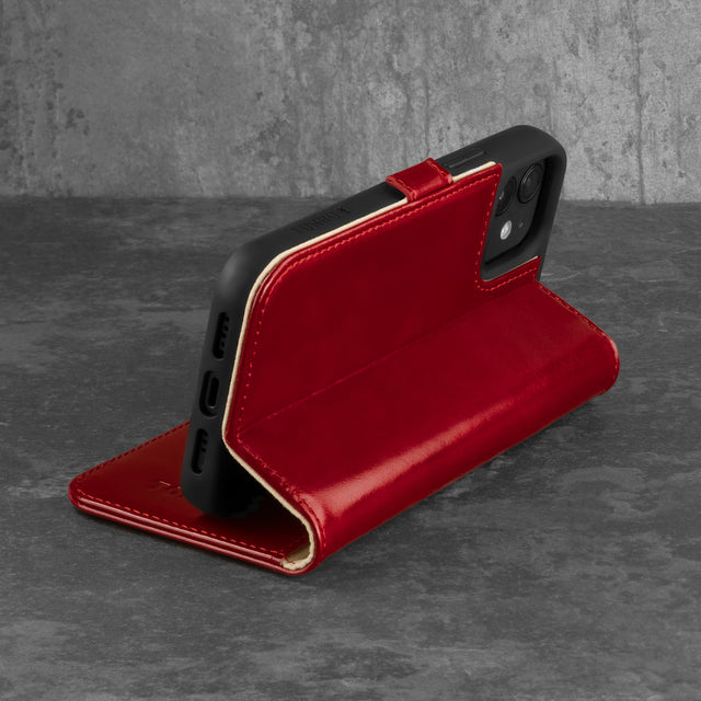 Stand function of the Red Leather Stand Case for iPhone 12 Pro