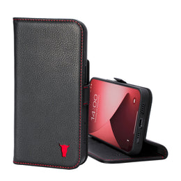 Black Leather (with Red Stitching) Folio Case for iPhone 13