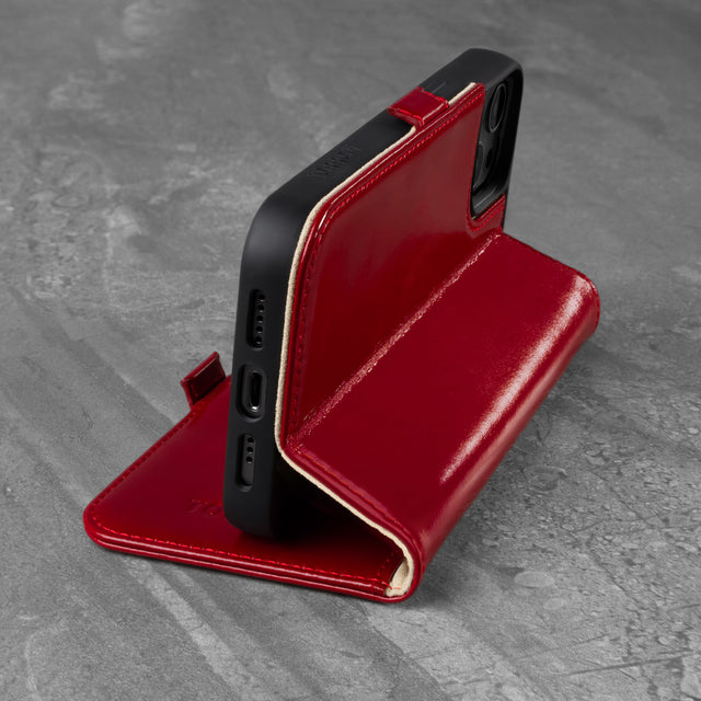 Integrated stand function of the Red Leather Folio Case for iPhone 13