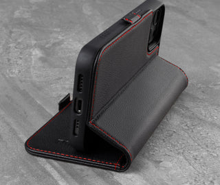 Black Leather (with Red Stitching) Phone Case for iPhone 13 Pro Max