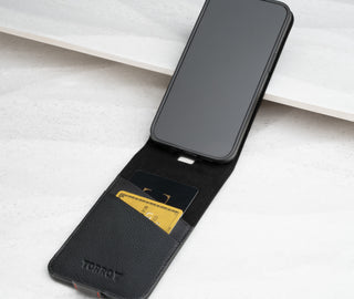 Card storage in the Black (with Red Stitching) Leather Flip Case for iPhone 14