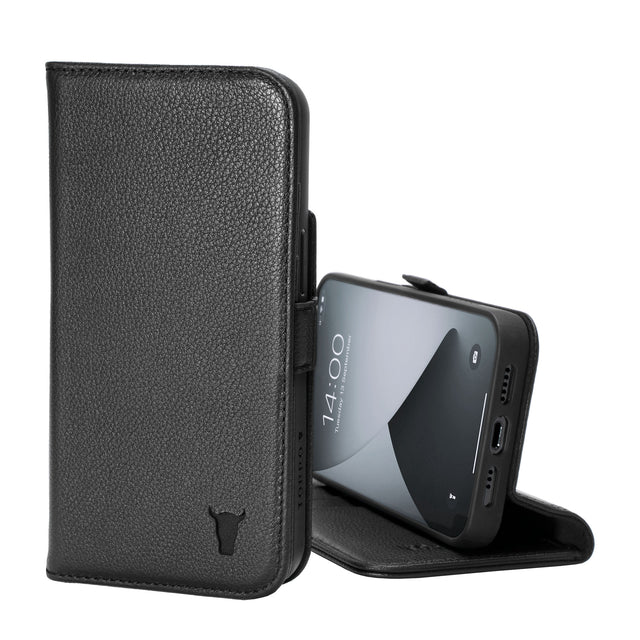 Black Leather Folio Stand Case for iPhone 14