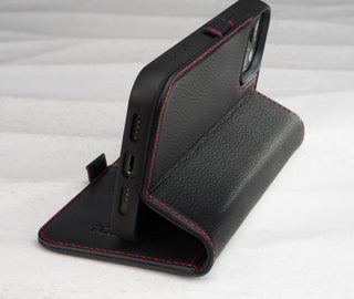 Integrated stand function of the Black (with Red Stitching) Leather Folio Stand Case for iPhone 14