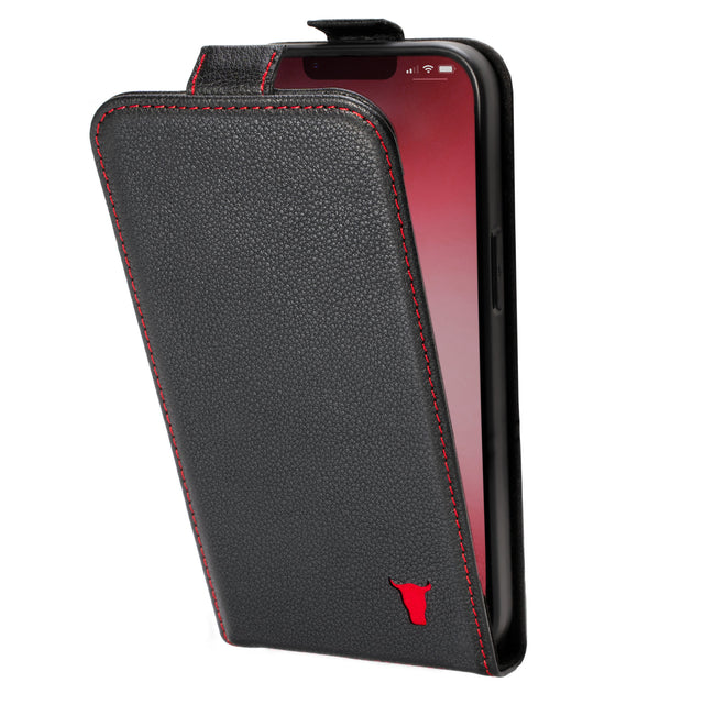 Black (with Red Stitching) Leather Flip Case for iPhone 14 Plus