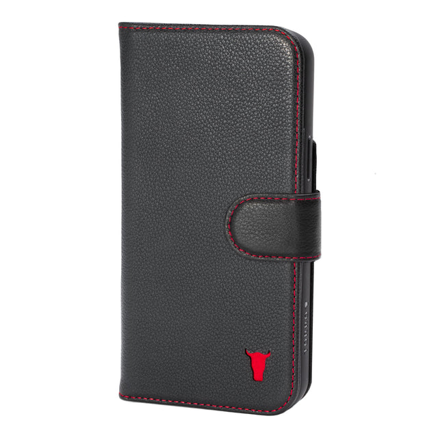 Black (with Red Stitching) Leather Wallet Case for iPhone 14 Max