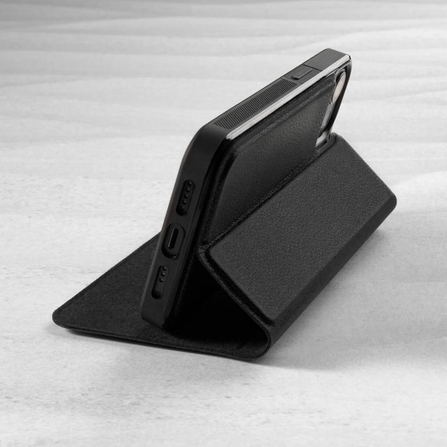 Stand function of the Black Leather Bumper Case (with detachable cover) for iPhone 14 Pro