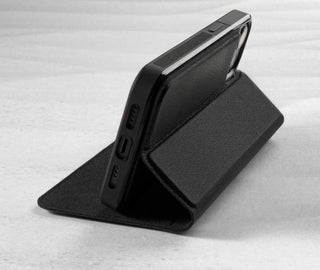 Stand function of the Black Leather Bumper Case (with detachable cover) for iPhone 14 Pro