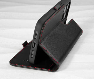 Integrated stand function of the Black (with Red Stitching) Leather Folio Stand Case for iPhone 14 Pro