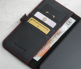 Card and note storage in the Black (with Red Stitching) Leather Folio Case (MagSafe) for iPhone 14 Pro Max