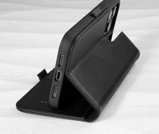 Integrated stand function of the Red Leather Folio Stand Case for iPhone 14 Pro Max