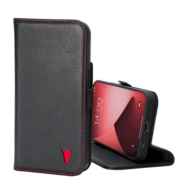 Black (with Red Stitching) Leather Folio Stand Case for iPhone 14 Pro Max