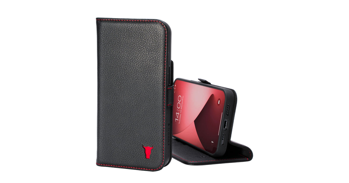 Torro iPhone 15 Pro Leather Wallet Case (with Stand Function) - Black with Red Detail