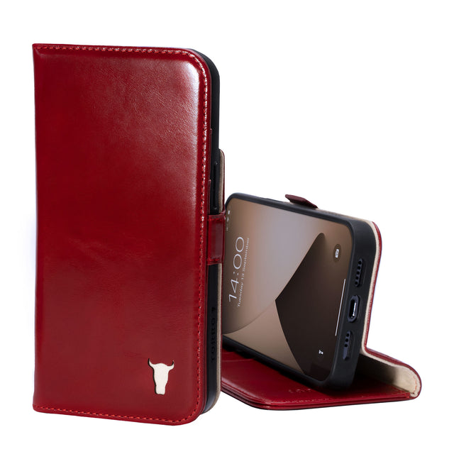 Red Leather Leather Folio Stand Case for iPhone 14 Pro Max