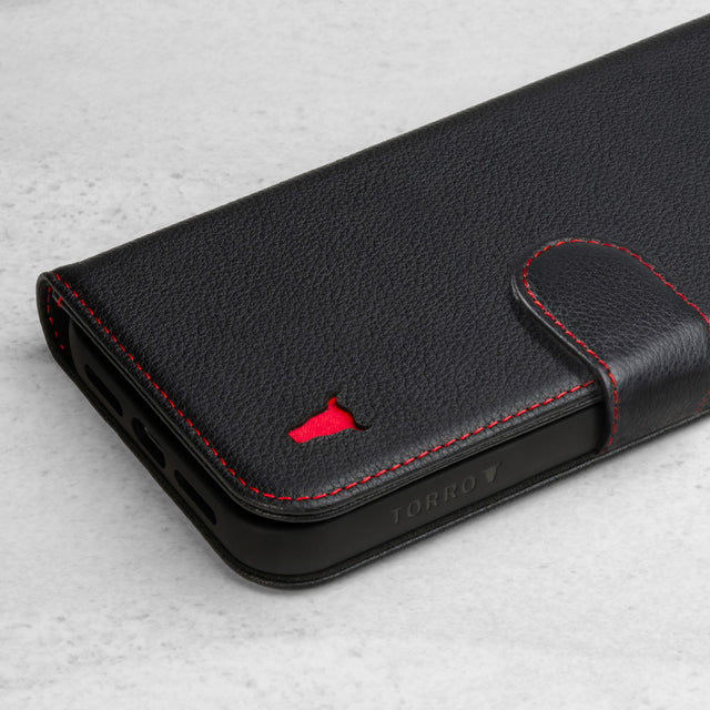 (Black with Red Detail) Torro iPhone 13 Pro Max Leather Wallet Case (MagSafe compatible)