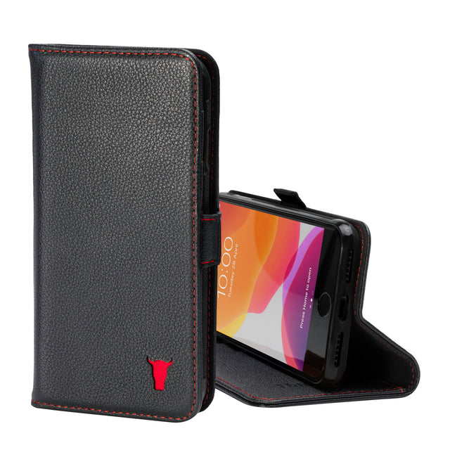 Genuine leather Black with Red Stitching Stand Case for iPhone SE (2020), iPhone 8 and iPhone 7