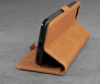 Integrated stand function of the Tan Leather Stand Case for iPhone SE (2020), iPhone 8 and iPhone 7